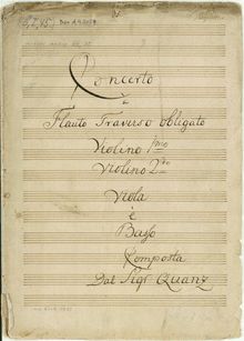 Partition Incomplete parties (missing flûte), Concerto a Flauto Traverso obligato. violon 1mo, violon 2do, viole de gambe, & Basso