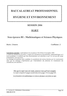 Mathématiques et sciences physiques 2006 Bac Pro - Hygiène et environnement