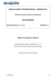 Sujet Bac français anticipé 2017 STMG, STL, ST2S, STI2D, STD2A 
