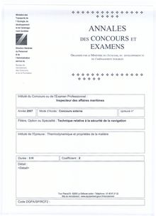 Thermodynamique et propriétés de la matière 2007 Concours Externe Inspecteur des Affaires Maritimes