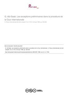 G. Abi-Saab, Les exceptions préliminaires dans la procédure de la Cour internationale - note biblio ; n°2 ; vol.21, pg 425-426
