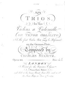 Partition violoncelle, 6 Trios, Six Trios for Two Violins, a Violoncello (or Tenor obligato). N.B. The first Violin Part may be performed on the German Flute.
