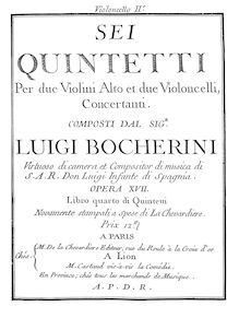 Partition violoncelle 2, 6 corde quintettes, G.283-288 (Op.18), 6 Quintetti per 2 Violini, Alto, et 2 Violoncelli Concertante, Op.17