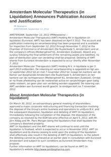 Amsterdam Molecular Therapeutics (in Liquidation) Announces Publication Account and Justification