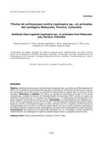 Títulos de anticuerpos contra Leptospira sp., en primates del zoológico Matecaña, Pereira, Colombia