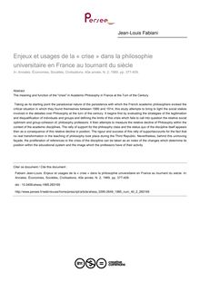Enjeux et usages de la « crise » dans la philosophie universitaire en France au tournant du siècle - article ; n°2 ; vol.40, pg 377-409