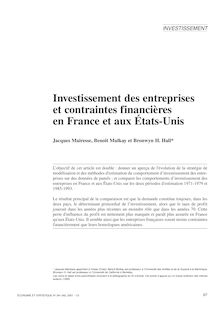Investissement des entreprises et contraintes financières en France et aux États-Unis - article ; n°1 ; vol.341, pg 67-84