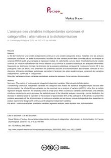 L analyse des variables indépendantes continues et catégorielles : alternatives à la dichotomisation - article ; n°3 ; vol.102, pg 449-484