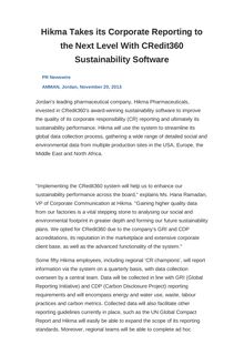 Hikma Takes its Corporate Reporting to the Next Level With CRedit360 Sustainability Software