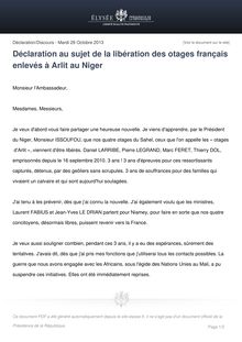 Déclaration de François Hollande au sujet de la libération des otages français enlevés à Arlit au Niger