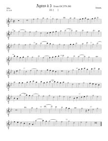 Partition aigu 2 ou ténor viole de gambe (octave aigu clef), Airs pour 3 violes de gambe par Anonymous