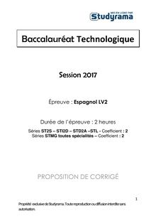 CORRECTION BAC STMG, STL, ST2S, STI2D, STD2A LANGUE VIVANTE 2 ESPAGNOL 2017