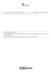 La responsabilité hospitalière, vol. 15, n° 2 des Cahiers de droit - note biblio ; n°1 ; vol.29, pg 261-263