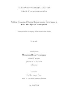 Political economy of natural resources and governance in Iran [Elektronische Ressource] : an empirical investigation / vorgelegt von Mohammad Reza Farzanegan
