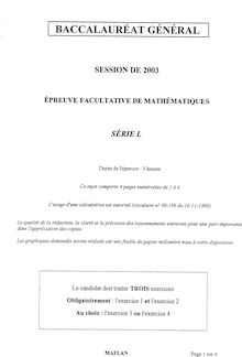 Mathématiques Spécialité 2003 Littéraire Baccalauréat général