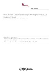 Henri Busson. Littérature et théologie. Montaigne, Bossuet, La Fontaine, Prévost  ; n°1 ; vol.166, pg 99-99
