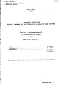 Epreuve de pré-admissibilité 2003 Externe Contrôleur des impôts