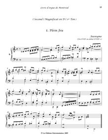 Partition 8-, (2e) Magnificat en D, 1er ton : , Plein Jeu - , Dessus de Voix humaine - , Cornet - , Basse - , Récit - , Dialogue, Livre d orgue de Montréal