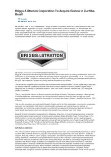 Briggs & Stratton Corporation To Acquire Branco In Curitiba, Brazil