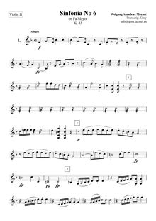 Partition violons II, Symphony No.6, F major, Mozart, Wolfgang Amadeus