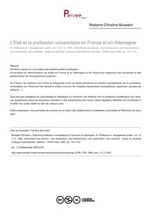 L Etat et la profession universitaire en France et en Allemagne - article ; n°2 ; vol.12, pg 151-173