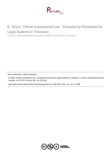 E. Ôrûcù, Critical Comparative Law : Considering Paradoxes for Légal Systems in Transition - note biblio ; n°2 ; vol.53, pg 521-523