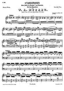 Partition complète, 5 Variations on Salve tu Domine, K.398/416e (Mozart, Wolfgang Amadeus) par Wolfgang Amadeus Mozart