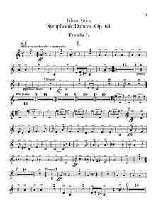 Partition trompette 1, 2 (en F, E), symphonique Dances, Grieg, Edvard