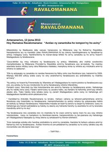 Communiqué : Hoy Ramatoa Ravalomanana:  “Avelao ny zanantsika ho tompon ny ho aviny”