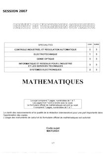 Mathématiques 2007 BTS Contrôle industriel et régulation automatique