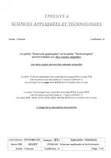 Sciences appliquées et technologies 2009 Hôtellerie Baccalauréat technologique