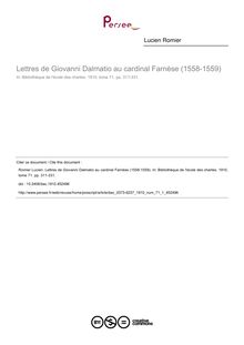 Lettres de Giovanni Dalmatio au cardinal Farnèse (1558-1559) - article ; n°1 ; vol.71, pg 311-331