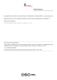 L expérience de la couverture médicale universelle : que peut-on apprendre sur la segmentation dans les politiques sociales ? (Commentaire) - article ; n°4 ; vol.23, pg 111-120