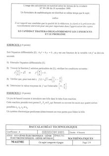 Mathématiques 2001 S.T.I (Génie Electrotechnique) Baccalauréat technologique