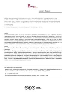 Des décisions parisiennes aux municipalités cantonales : la mise en œuvre de la politique directoriale dans le département de l Aisne - article ; n°1 ; vol.330, pg 115-133
