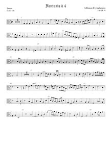 Partition ténor viole de gambe, alto clef, fantaisies pour 4 violes de gambe par Alfonso Ferrabosco Jr.