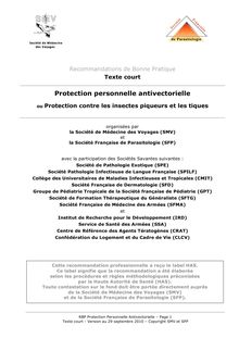 Infections et voyages - Recommandations de Bonne Pratique concernant la protection personnelle antivectorielle ( 2010 ) - Téléchargez les recommandations