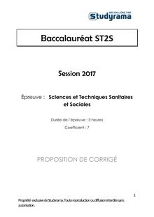 Corrigé Bac ST2S 2017 - Sciences et Techniques Sanitaires et Sociales 