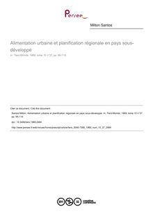 Alimentation urbaine et planification régionale en pays sous-développé - article ; n°37 ; vol.10, pg 95-114