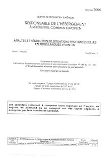 Analyse et résolution de situations professionnelles en français 2006 BTS Responsable de l hébergement à réf. euro