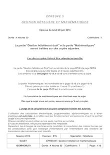 Sujet BAC Hôtellerie Gestion Hôtelière et mathématiques 2016