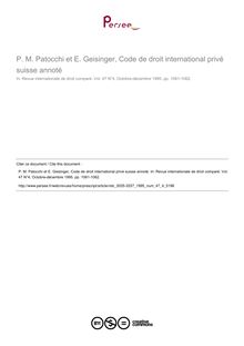 P. M. Patocchi et E. Geisinger, Code de droit international privé suisse annoté - note biblio ; n°4 ; vol.47, pg 1061-1062