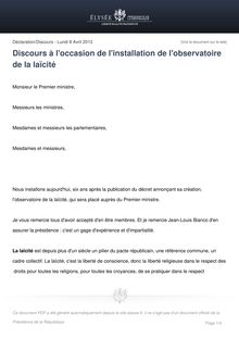Communiqué de presse de l Elysée : Discours à l occasion de l installation de l observatoire de la laïcité - 08/04/2013