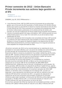 Primer semestre de 2012 : Union Bancaire Privée incrementa sus activos bajo gestión en el 6%
