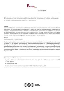Exclusion monothéiste et inclusion hindouiste. (Notes critiques) - article ; n°1 ; vol.212, pg 85-97