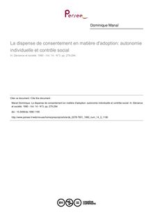 La dispense de consentement en matière d adoption: autonomie individuelle et contrôle social - article ; n°3 ; vol.14, pg 275-294