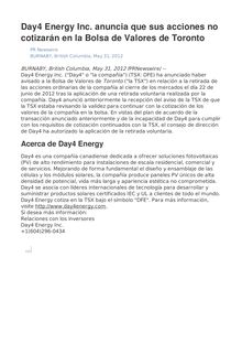 Day4 Energy Inc. anuncia que sus acciones no cotizarán en la Bolsa de Valores de Toronto