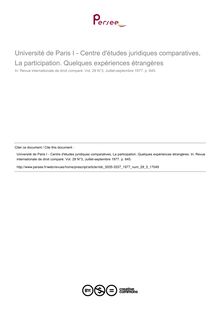 Université de Paris I - Centre d études juridiques comparatives, La participation. Quelques expériences étrangères - note biblio ; n°3 ; vol.29, pg 645-645