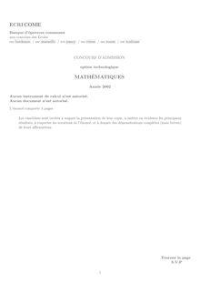 Mathématiques 2002 Classe Prepa HEC (STG) Concours Ecricome