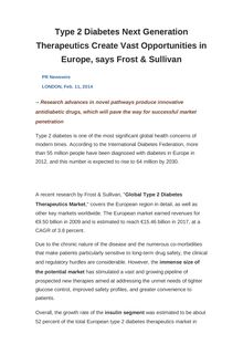 Type 2 Diabetes Next Generation Therapeutics Create Vast Opportunities in Europe, says Frost & Sullivan